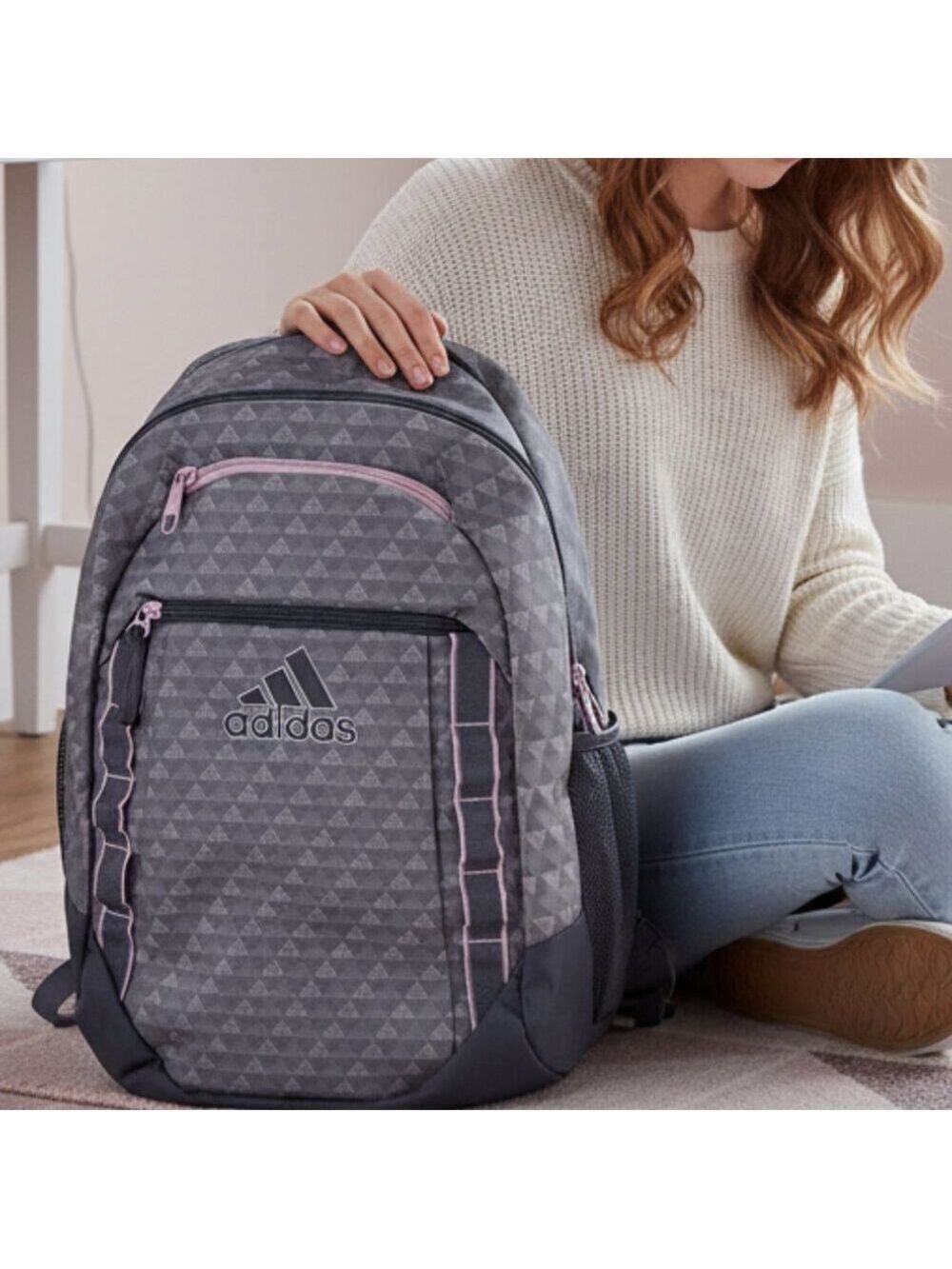 Adidas Youth Backpack Gray Pink School Laptop Travel Book Bag